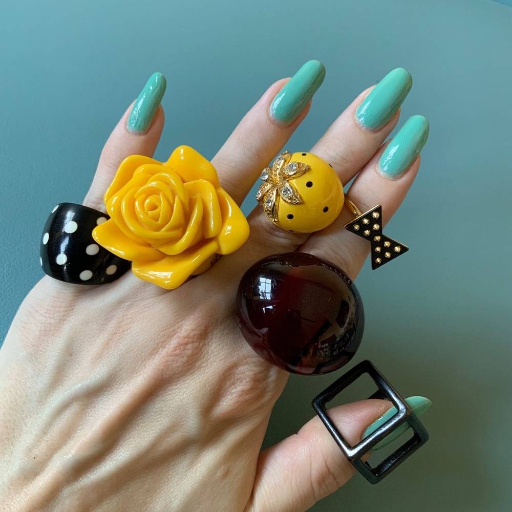Vintage Rings - lot of 6 - Yellow Rose Strawberry Polka Dot Mixed Wood Plastic